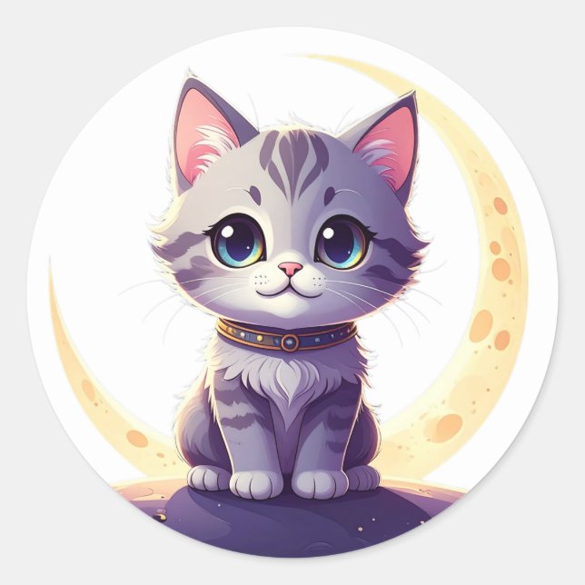 Cute Moon Cat Sticker – Magical Kitten on Crescent (Front)
