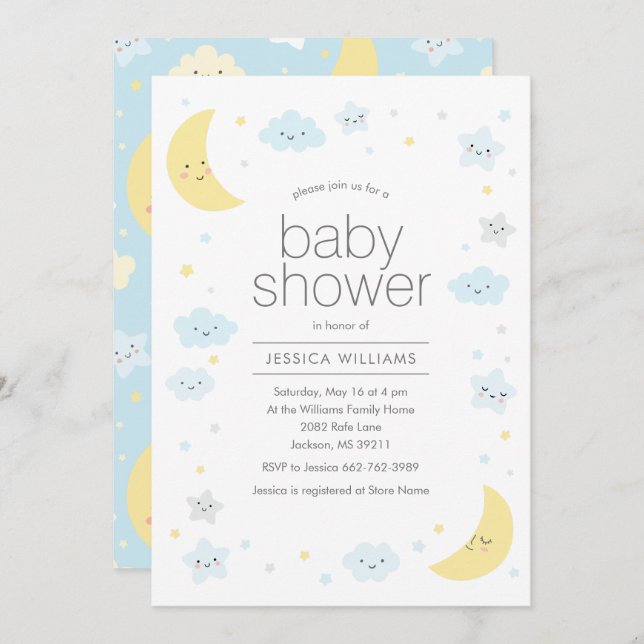 Cute Moon Clouds & Stars Baby Shower Invitation (Front/Back)