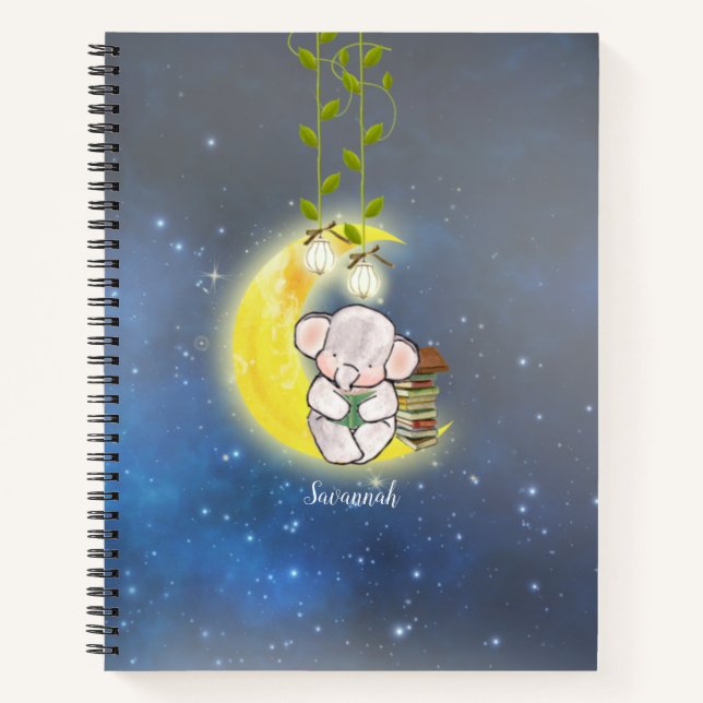 Cute Moon Elephant Name School Notebook (Front)