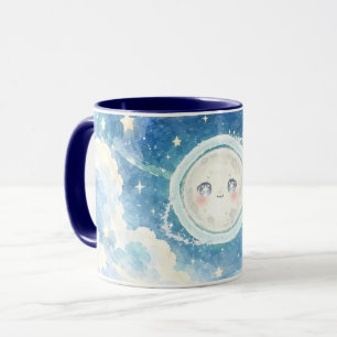 Cute Moon in Starry Sky Watercolor Mug