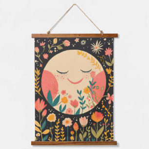 Cute Moon Night Sky Boho Floral Illustration Hanging Tapestry