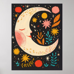Cute Moon Night Sky Boho Floral Illustration Poster