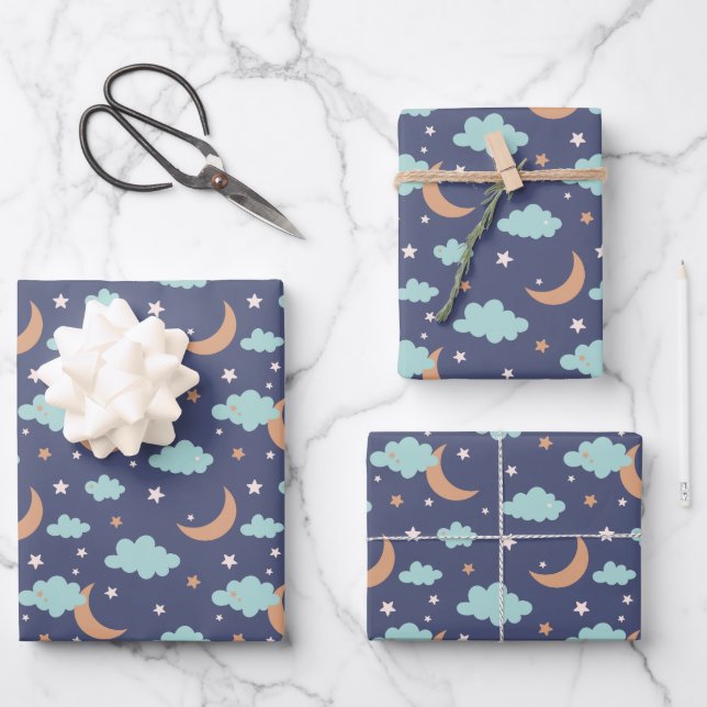 Cute Moon Star Cloud Pattern Wrapping Paper Sheet (Front)