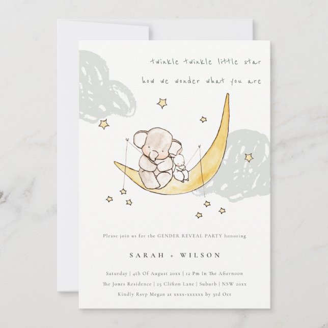 Cute Moon Star Elephant Bunny Gender Reveal Invite (Front)