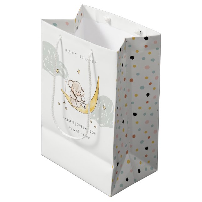 Cute Moon Stars Elephant Bunny Neutral Baby Shower Medium Gift Bag (Front Angled)