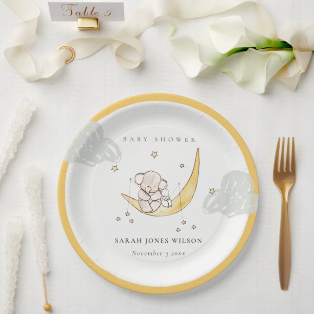 Cute Moon Stars Elephant Bunny Neutral Baby Shower Paper Plate (Wedding)