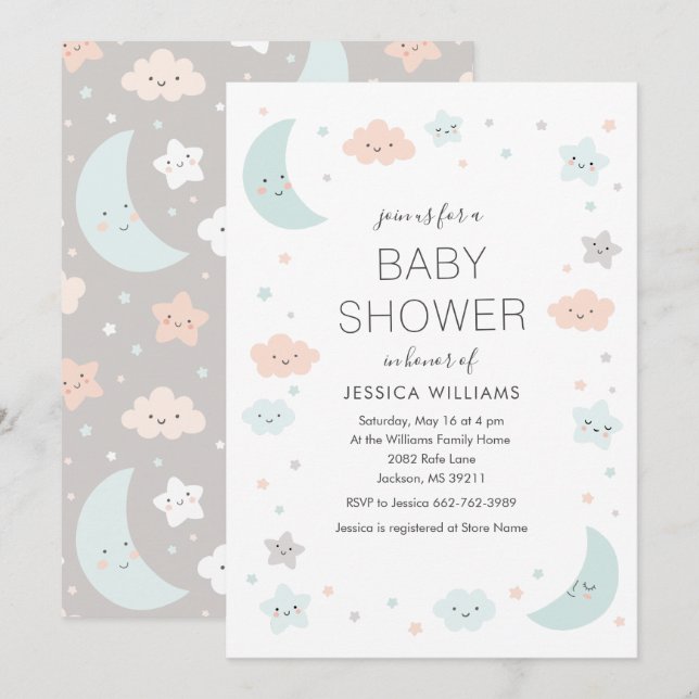 Cute Moon & Stars Frame Baby Shower Invitation (Front/Back)