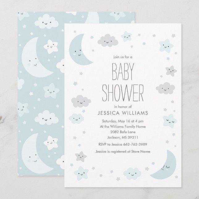 Cute Moon & Stars Frame Boy Baby Shower Invitation (Front/Back)