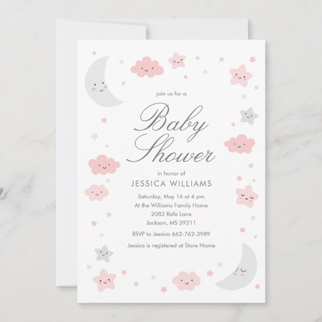 Cute Moon & Stars Pink Girl Baby Shower Invitation (Front)