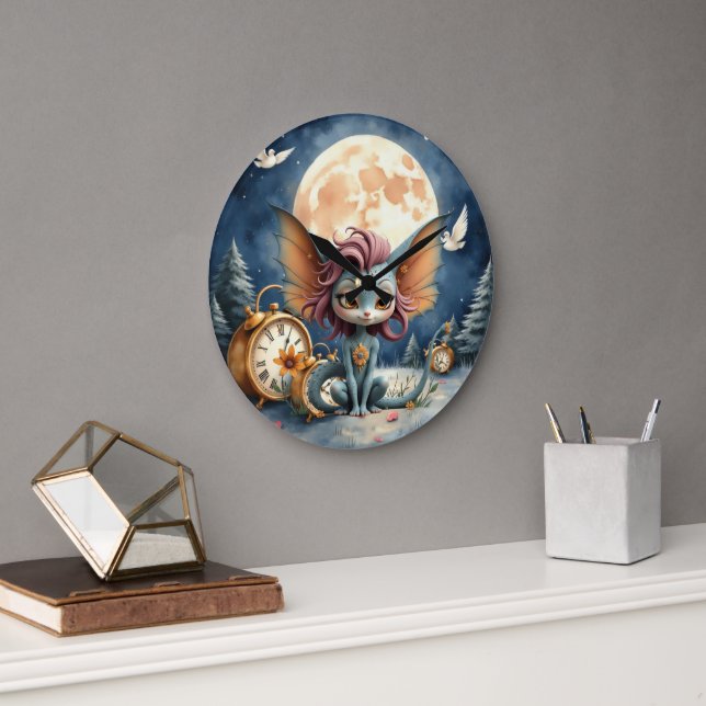 Cute Moonlit Fantasy Creature Large Clock (Office)