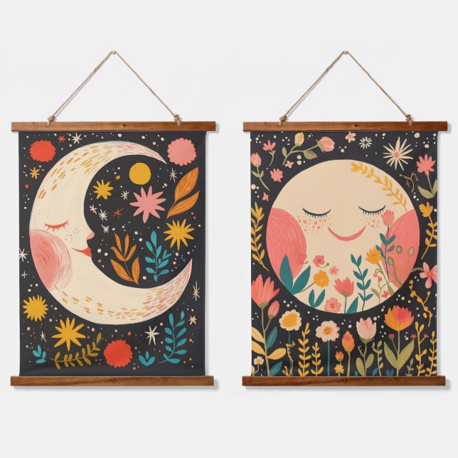 Cute Moons Boho Floral Illustration Hanging Tapestry (Double)