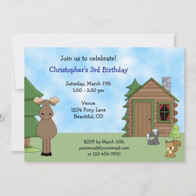 Cute Moose and Cabin Woodland Animals Birthday Invitation (Front)
