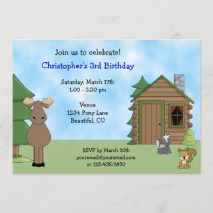 Cute Moose and Cabin Woodland Animals Birthday Invitation