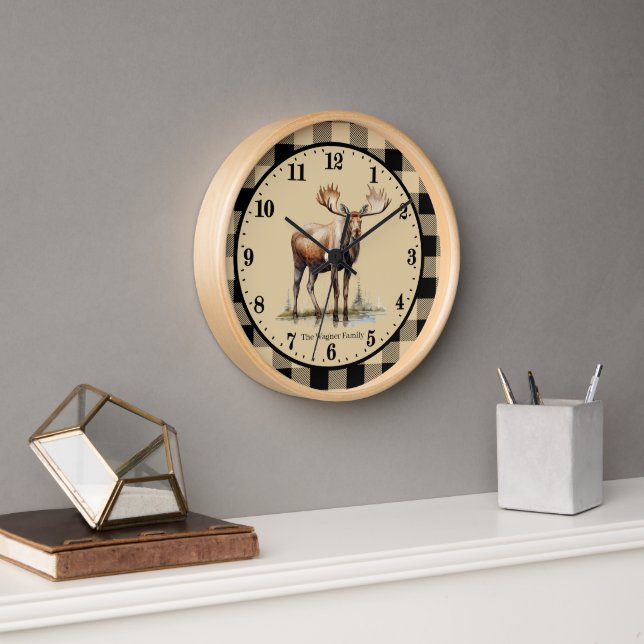Cute Moose cabin add Family name Clock (Office)