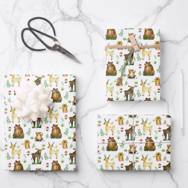 Cute Moose Deer Forest Animals Pattern Wrapping Paper Sheet (Front)