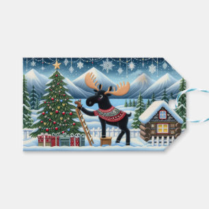 Cute Moose hanging a moose ornament  Gift Tags