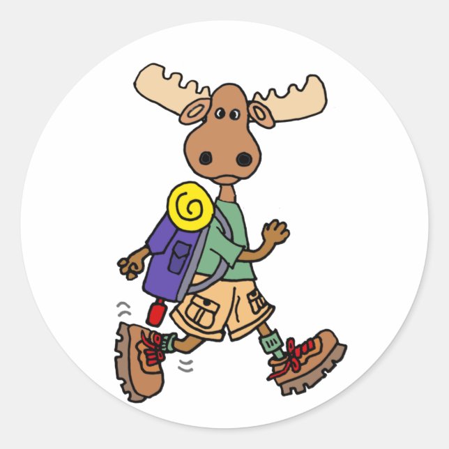 Cute Moose Hiker Cartoon Classic Round Sticker (Front)