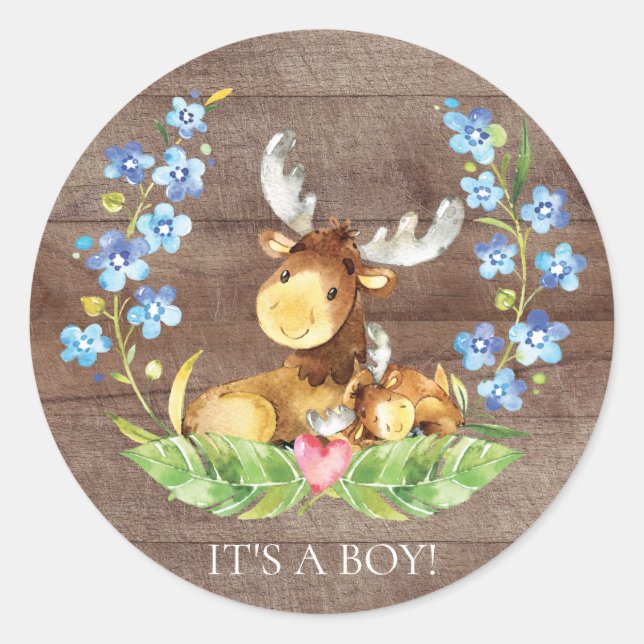 Cute Moose It' a Boy Favour Sticker (Front)