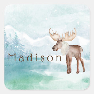 Cute Moose Personalised Holiday Square Sticker