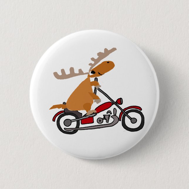 Cute Moose Riding Motorcycle Cartoon 6 Cm Round Badge (Front)