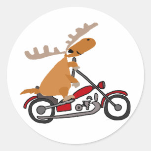 Cute Moose Riding Motorcycle Cartoon Classic Round Sticker