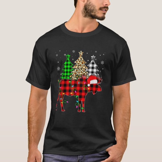 Cute Moose Santa Hat Christmas Tree Lights Xmas Pl T-Shirt (Front)