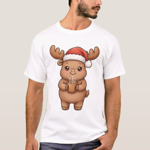 Cute Moose Santa Hat Hot Cocoa Christmas T-Shirt