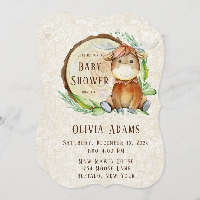 Cute Moose Watercolor Baby Shower  Invitation (Front/Back)