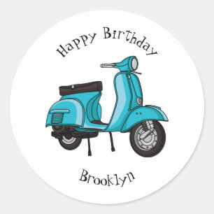 Cute moped motorcycle cartoon illustration classic round sticker