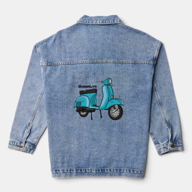 Cute moped motorcycle cartoon illustration denim jacket (Back)