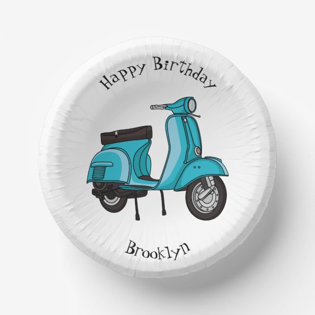 Cute moped motorcycle cartoon illustration paper plate (Front)