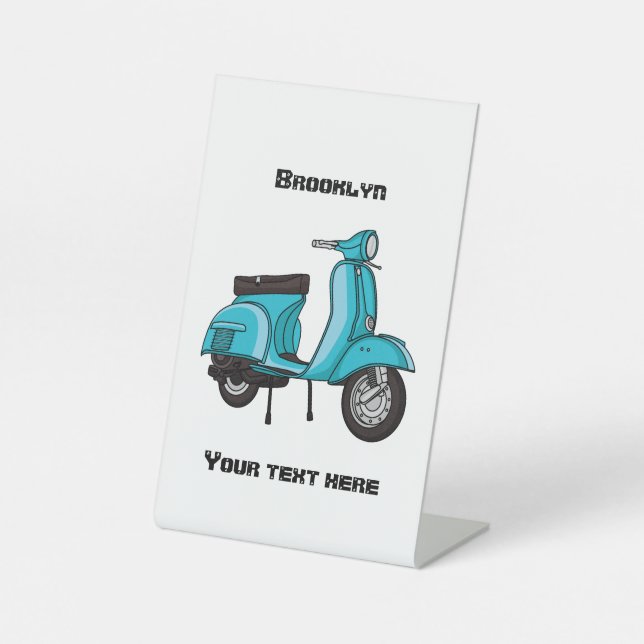 Cute moped motorcycle cartoon illustration pedestal sign (Front)