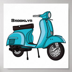 Cute moped motorcycle cartoon illustration poster