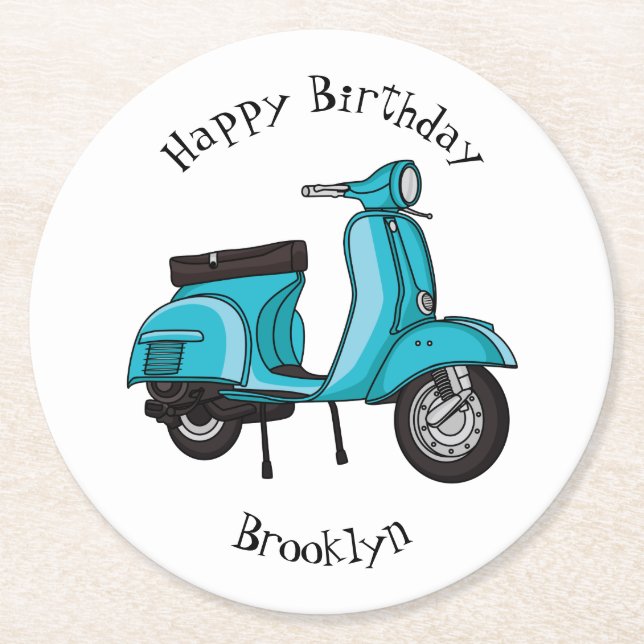 Cute moped motorcycle cartoon illustration round paper coaster (Front)