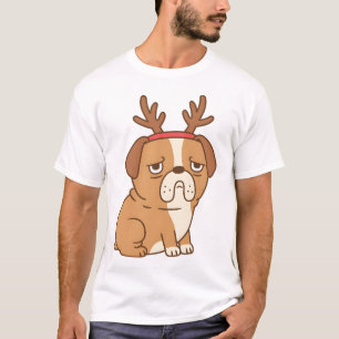 Cute Moping Bulldog With Reindeer Antlers T-Shirt