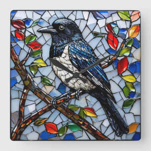 Cute mosaic magpie square wall clock