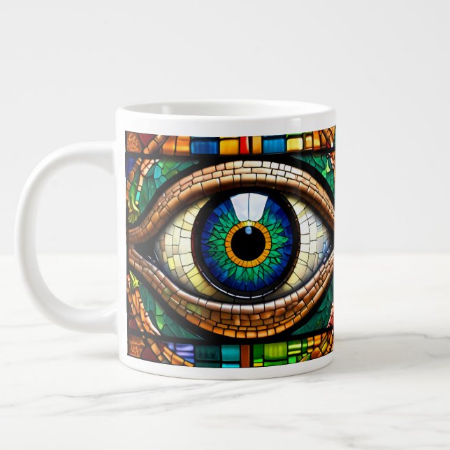 Cute Mosaic Stained Glass Eye design Blue & Greens Large Coffee Mug (Left)