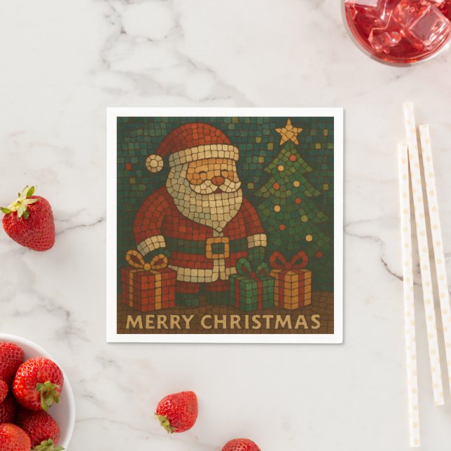 Cute mosaic technique Merry Christmas Santa Napkin (Insitu)