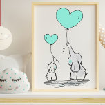 Cute Mother and Baby Elephant Heart Balloons Poster<br><div class="desc">A sweet black and grey sketch of a mother and baby elephant,  both looking up and holding a green love heart balloon in their trunks. A cute addition perfect for a child's bedroom,  nursery or playroom.</div>