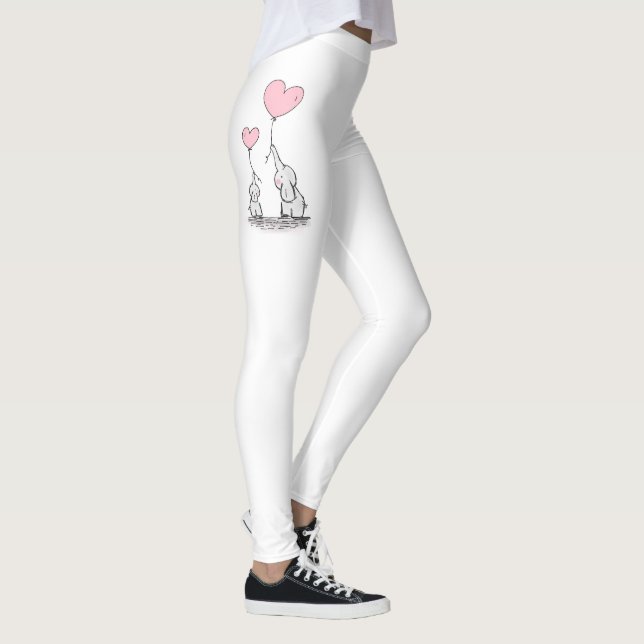 Cute Mother and Baby Elephants with Heart Balloons Leggings (Right)