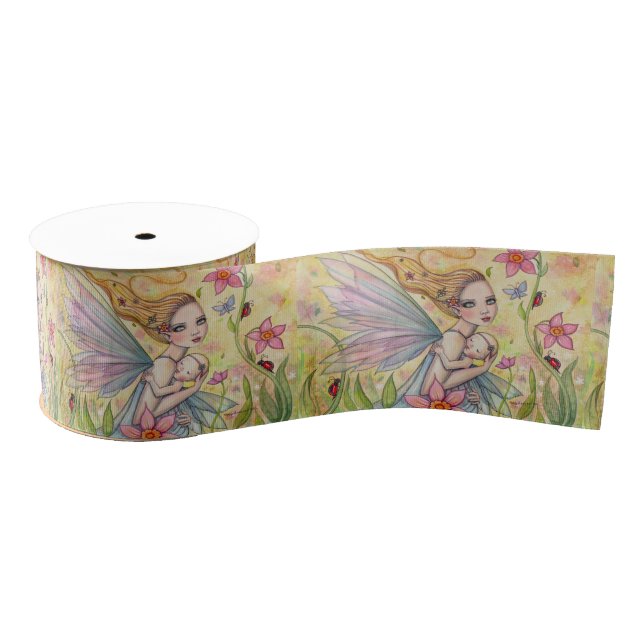 Cute Mother and Baby Girl Fairy Fantasy Art Grosgrain Ribbon (Spool)