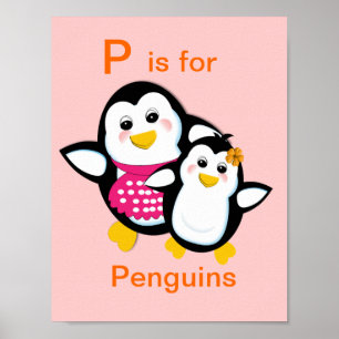 Cute Mother and Baby Penguin Alphabet Letter-P Poster