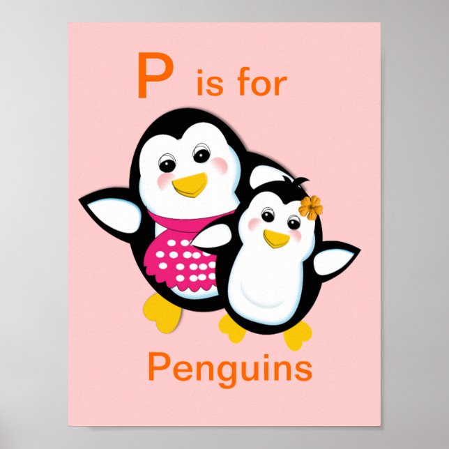 Cute Mother and Baby Penguin Alphabet Letter-P Poster (Front)