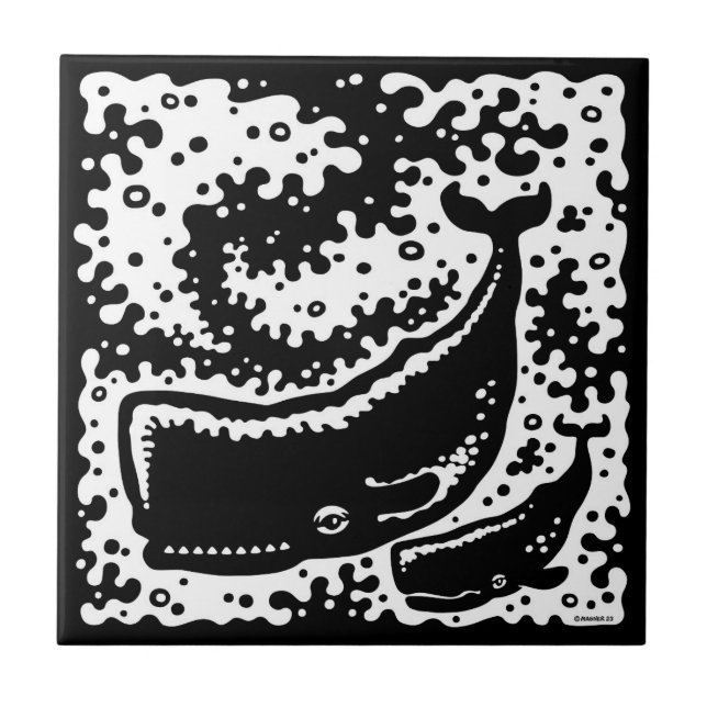 Cute Mother and Calf Whales Tile (Front)