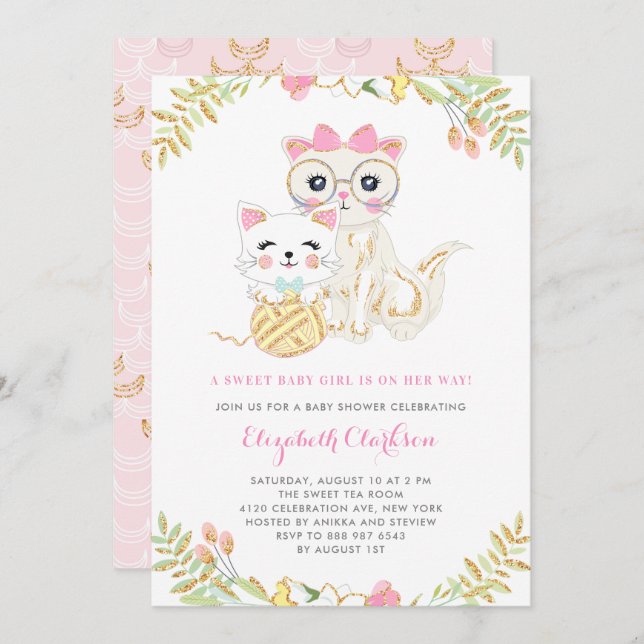 Cute Mother and Daughter Cats Floral Baby Shower Invitation (Front/Back)