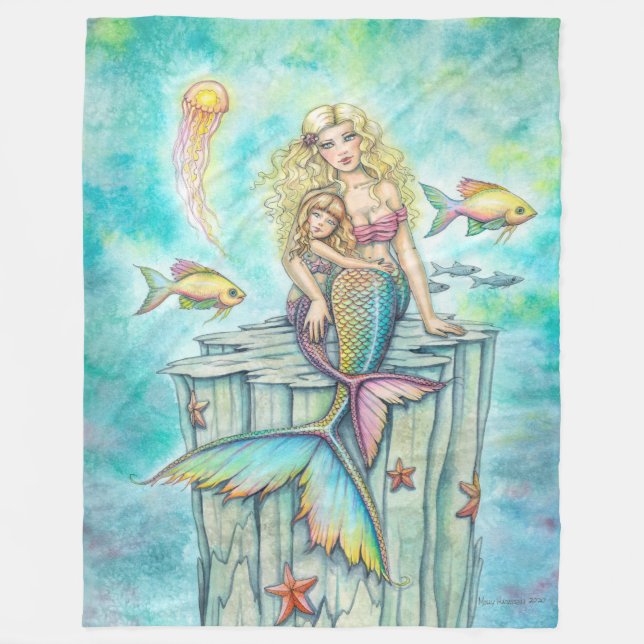 Cute Mother and Daughter Mermaid Fantasy Art Fleece Blanket (Front)