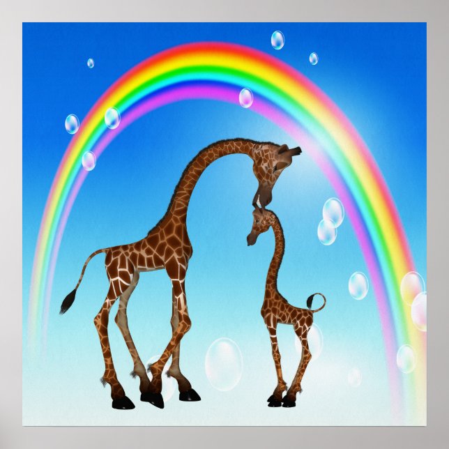 Cute Mother & Baby Giraffe & Rainbow Poster (Front)