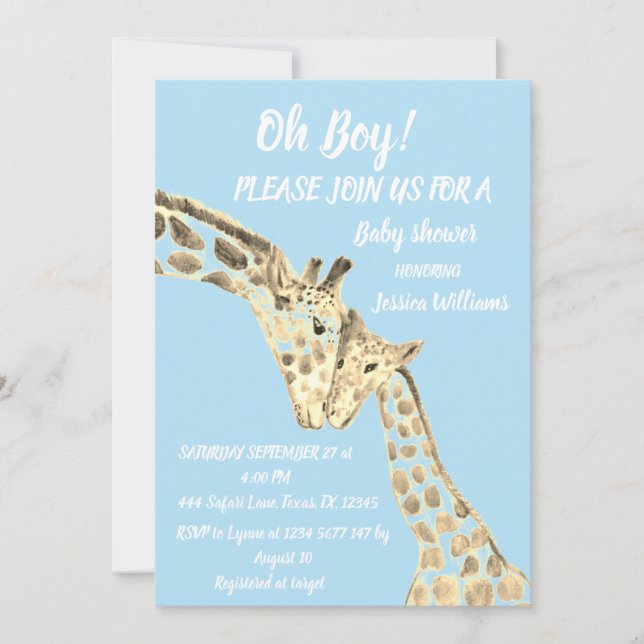 Cute Mother Baby Giraffe Safari Boho Animals Blue  Invitation (Front)