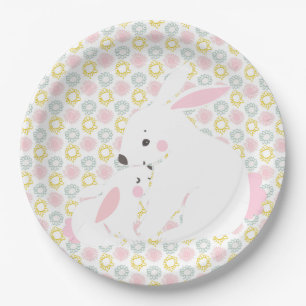 Cute Mother & Baby Girl Bunny Baby Shower Paper Plate