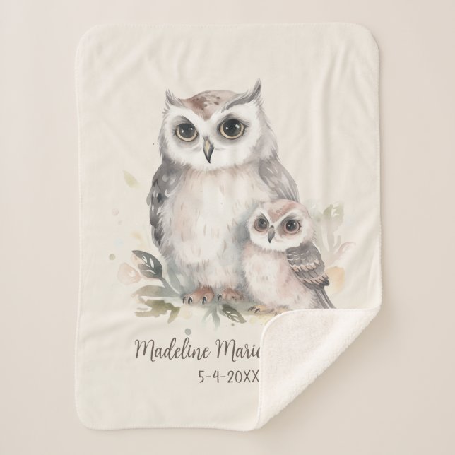 Cute Mother Baby Owl Name Birthdate  Sherpa Blanket (Front)